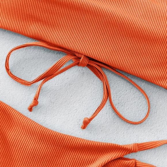 ZAFUL Ribbed Lace Up Bandeau String Bikini Swimsuit - Orange L NWT - Picture 4 of 8